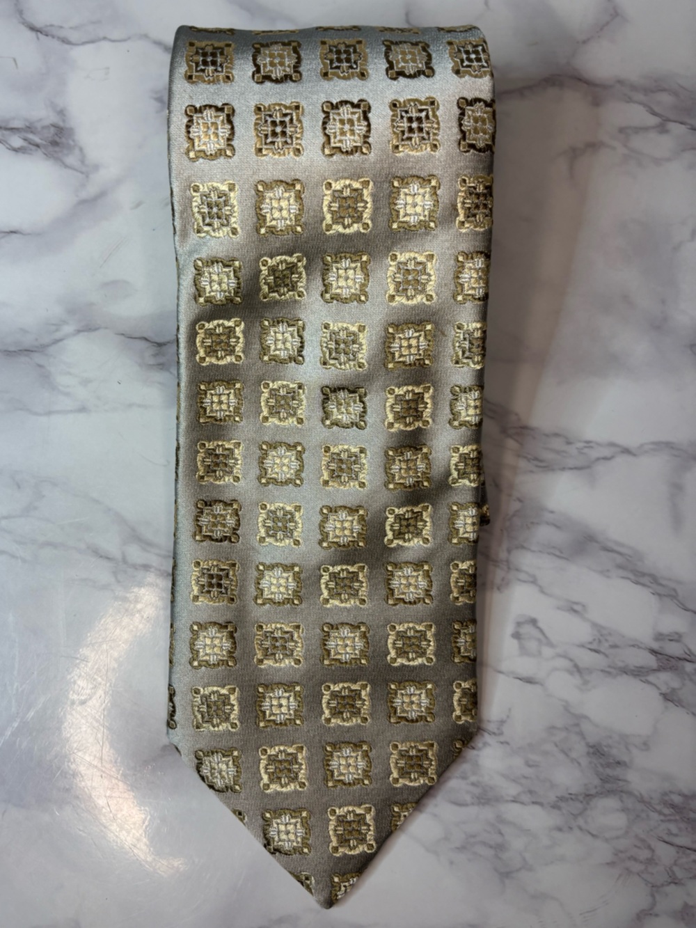 Canali Silk Tie Silver Gold Medallion Pattern Luxury Italian Designer